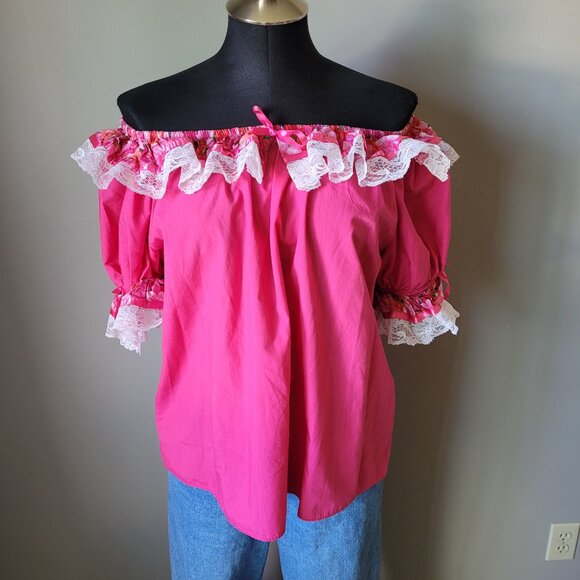 Vintage ruffled pink blouse lace and ribbon trim, Square Dancing Top - Picture 6 of 13